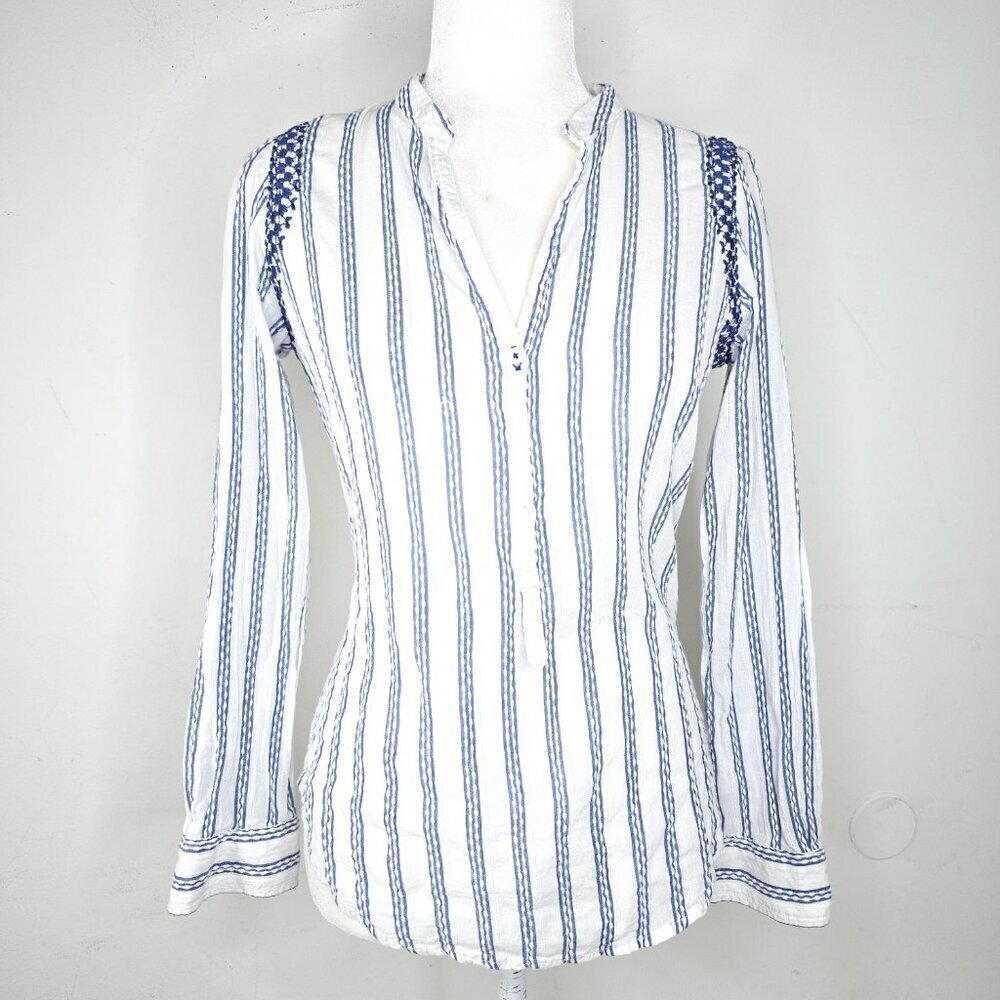 ZARA Blue White Striped Embroidered Coastal Long Sleeve Button Front Top